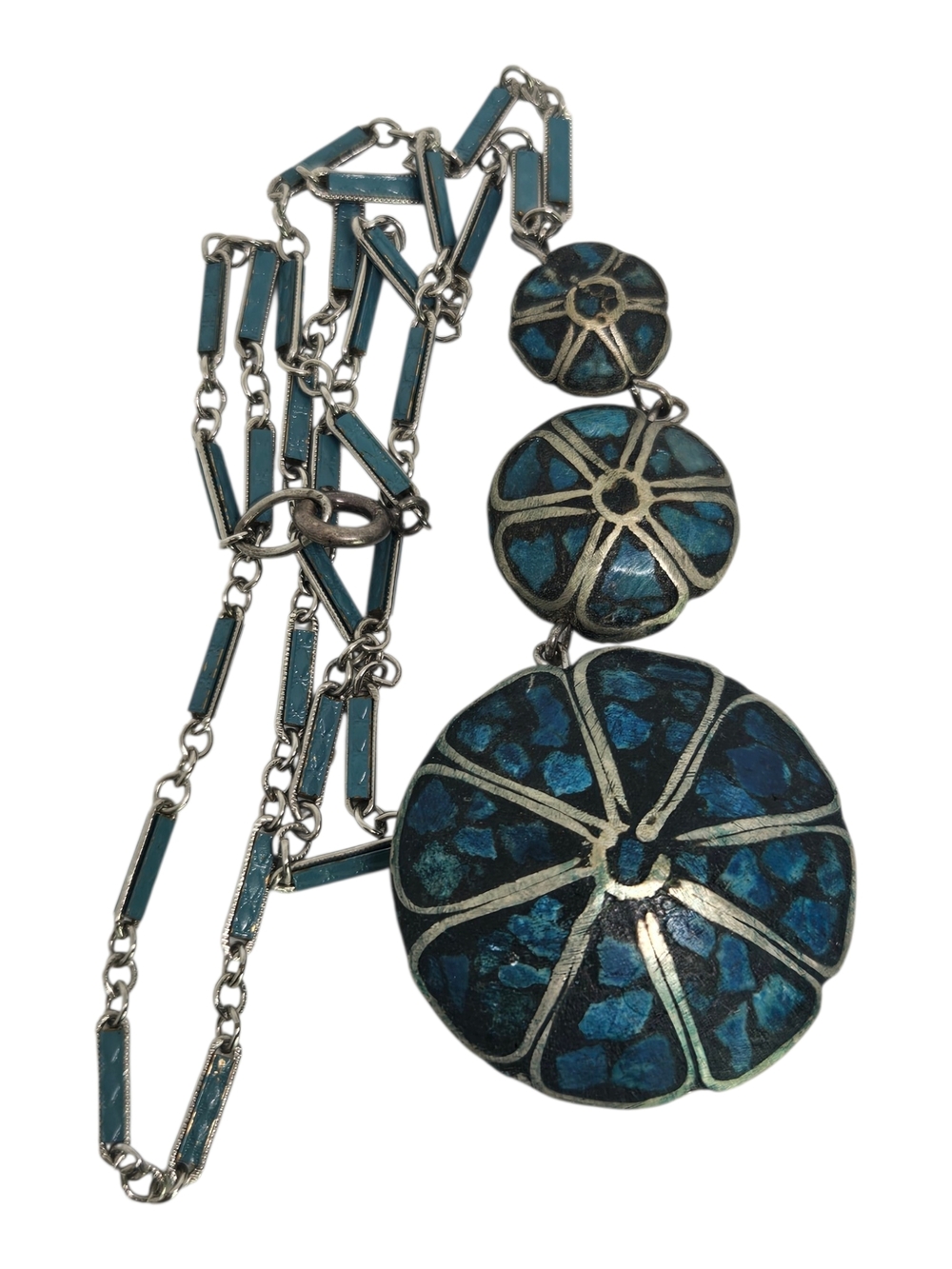 Sterling SILVER Blue Enamel Floral Art Pendant Necklace - Women's Jewelry